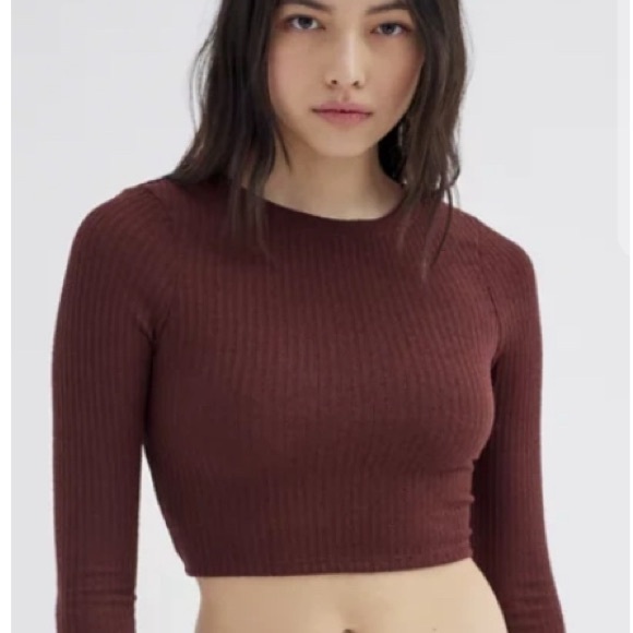 Urban Renewal REMNANTS RIBBED LONG SLEEVE TOP IN CHOCOLATE sz: small - Picture 1 of 5